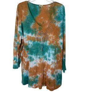 Reba Woman Tie-Dye Studded Cotton/Modal Long Sleeve Top 3X Boho, Hippie, Coastal